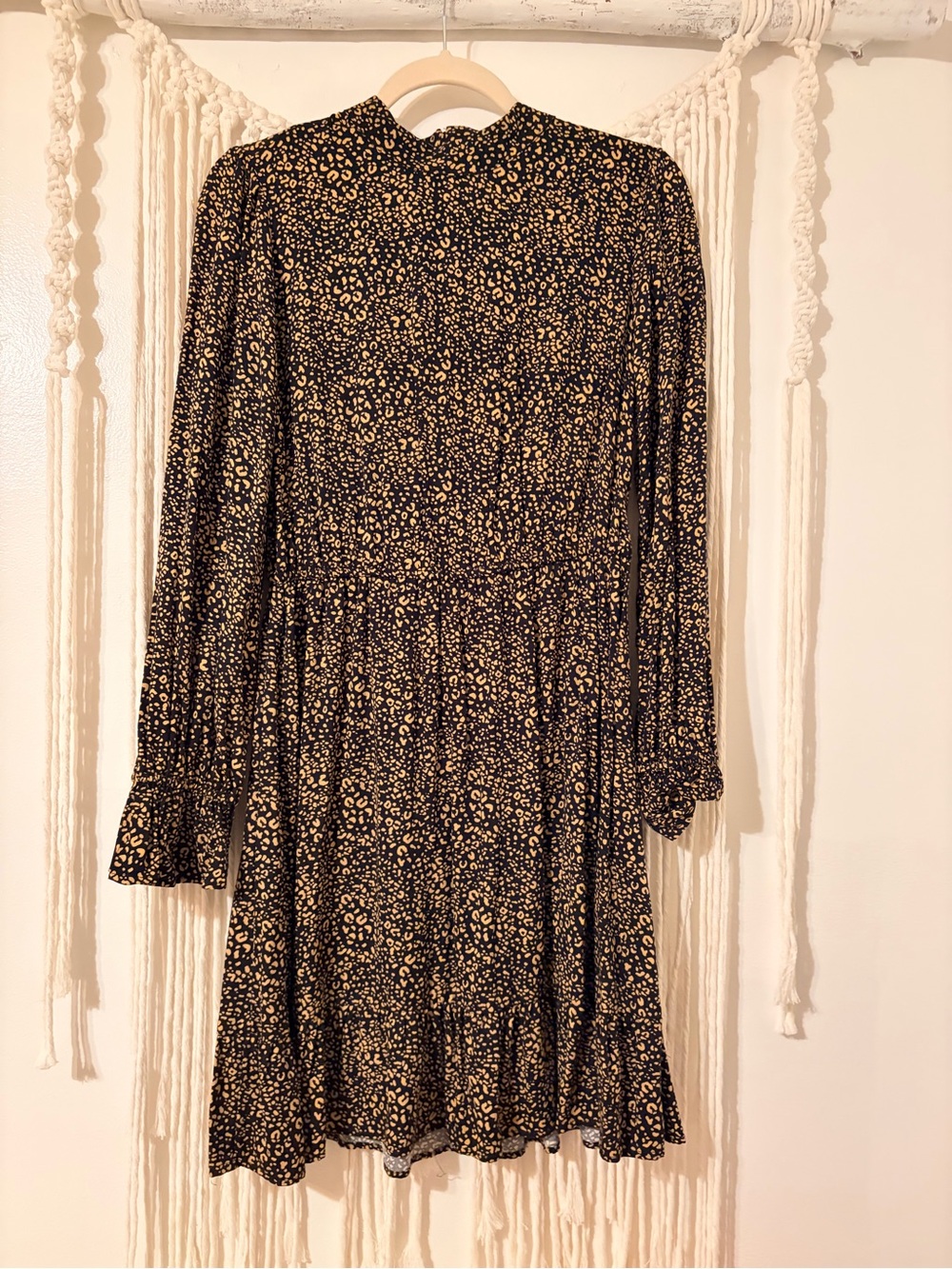 POPSUGAR Black and Tan Printed Long-Sleeve Tiered Dress